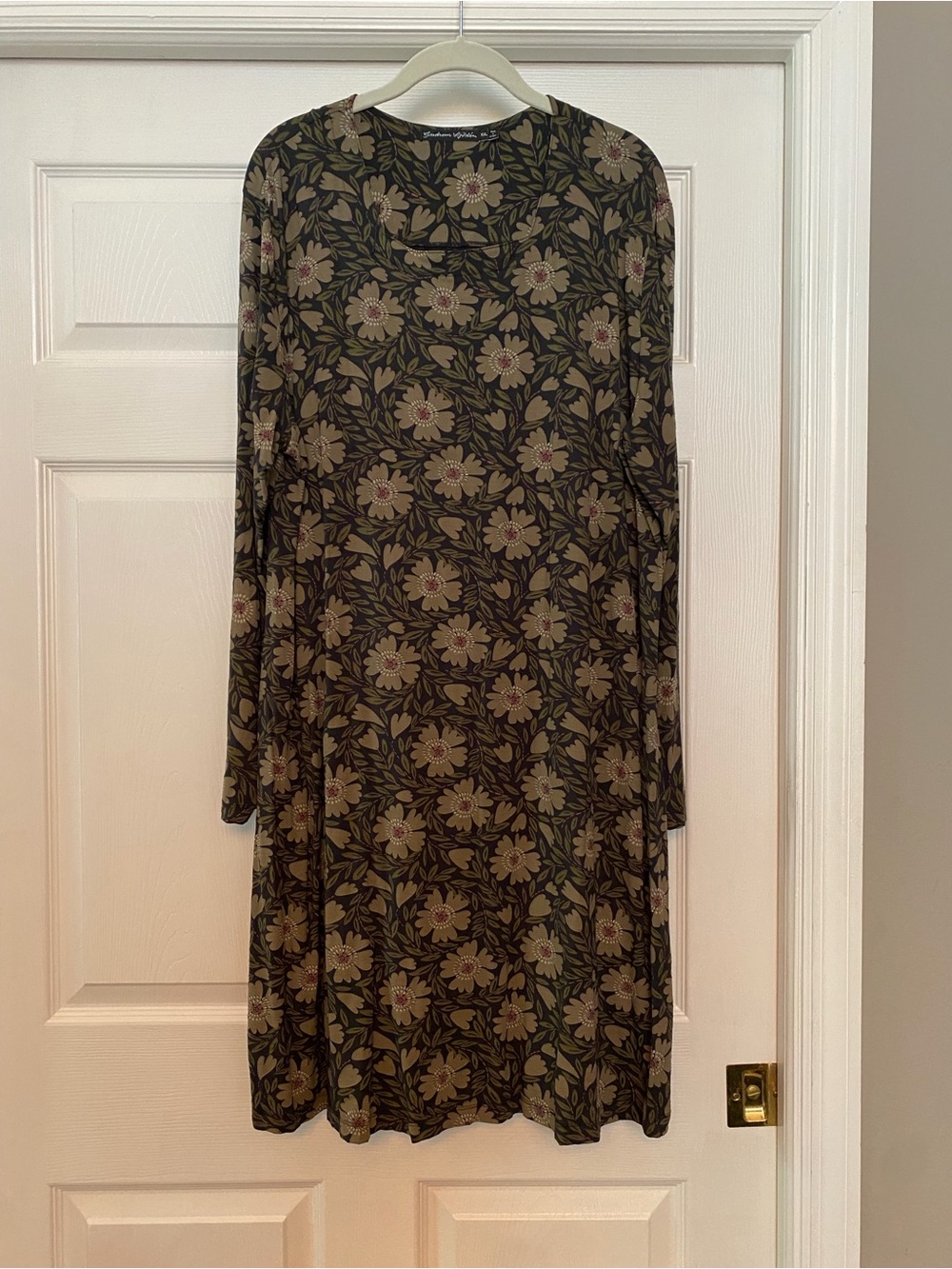 Long-Sleeve Floral Swing Dress in Olive Green